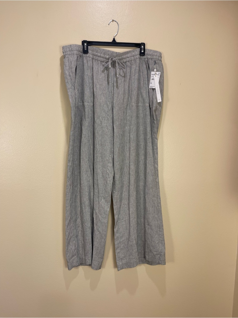 Caslon Linen Blend Striped Wide Leg Pull On Pants XL High Rise Black White NWT